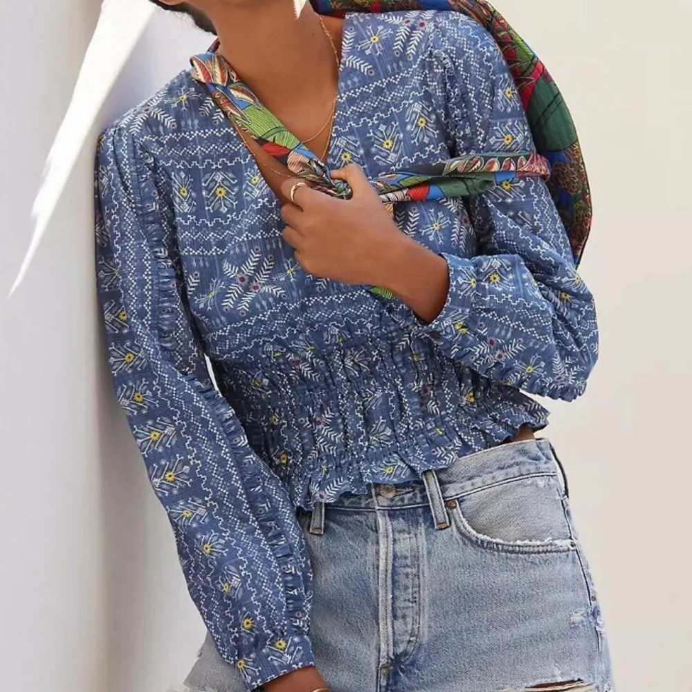 NEW! Anthropologie Forever That Girl Blue Boho Long Sleeve Blouse Size Medium